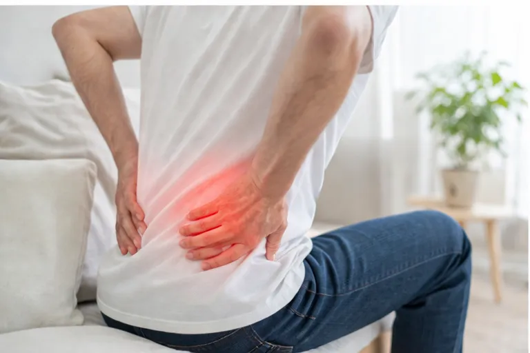 腰痛に悩む男性の様子