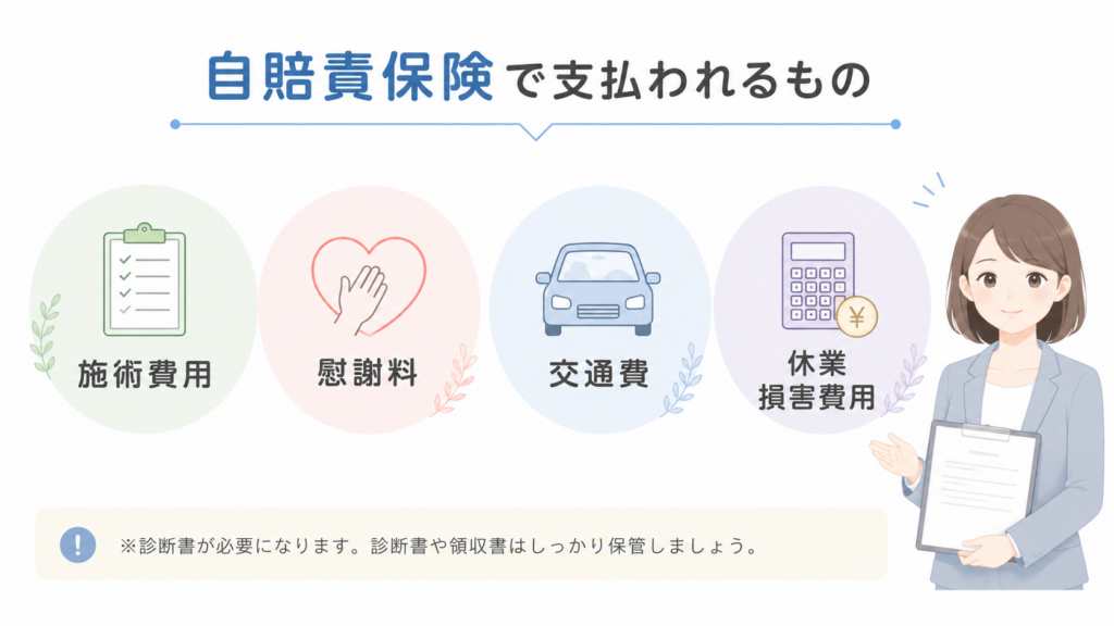 自賠責保険で支払われる治療費や交通費などの補償内容イメージ|まなか鍼灸整骨院
