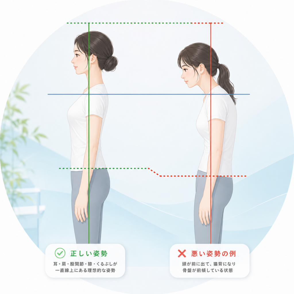 正しい姿勢と猫背の違いを比較したイラスト|産後の姿勢の崩れ|まなか鍼灸整骨院