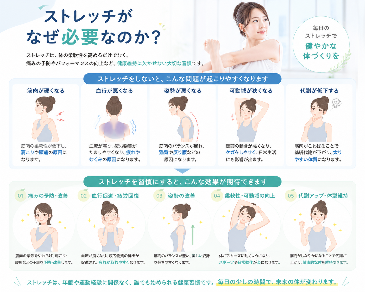 筋肉の硬さと血流の悪化を改善するためのストレッチの重要性を示したイラスト|まなか鍼灸整骨院