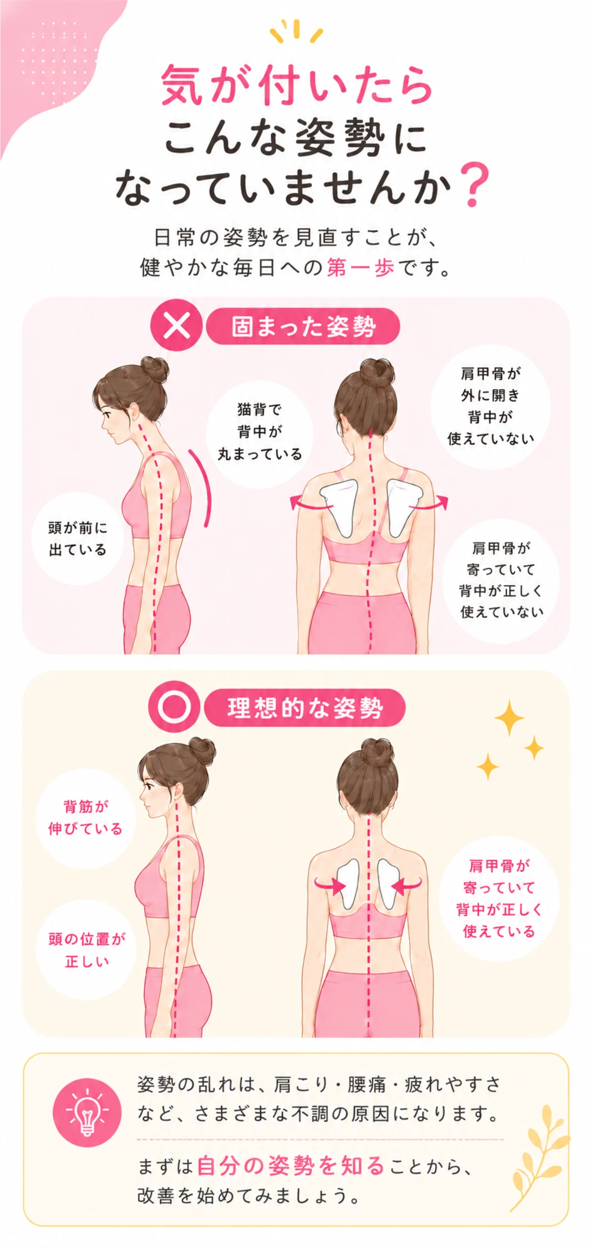 理想的な肩甲骨の位置と正しい姿勢を示したイラスト｜まなか鍼灸整骨院 スマホ