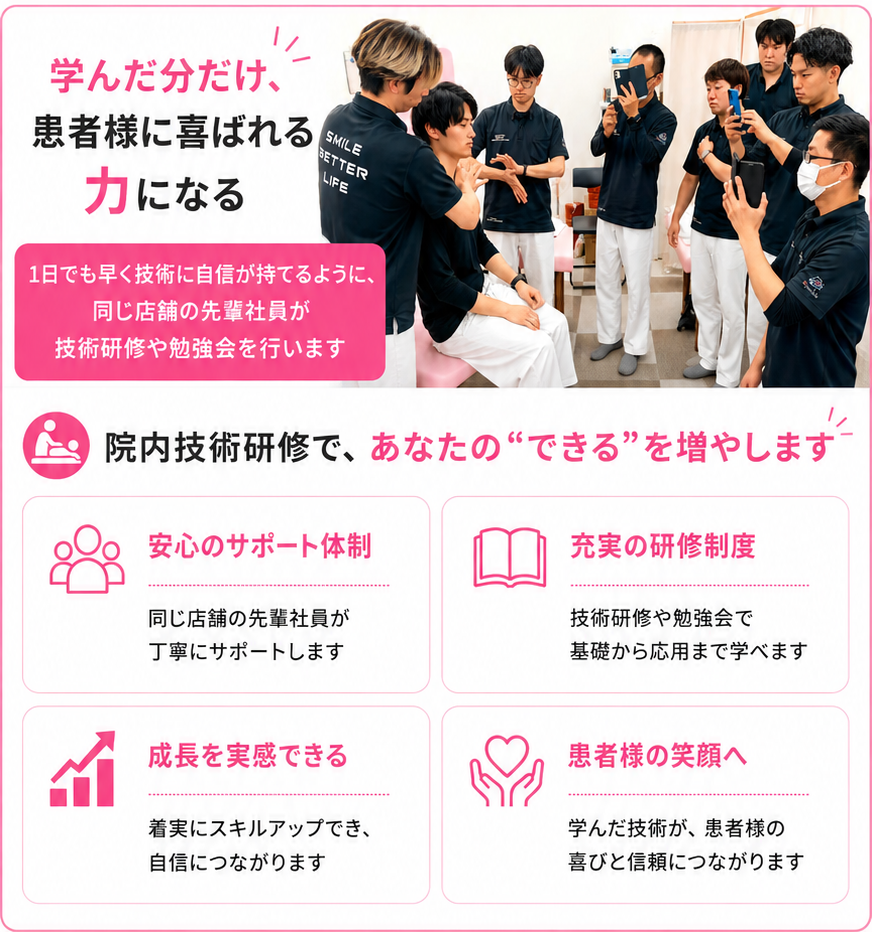 まなか鍼灸整骨院の院内技術研修｜先輩スタッフによるサポート体制・勉強会で基礎から応用まで学べる充実の研修制度