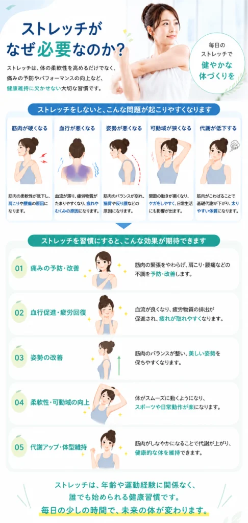 筋肉の硬さと血流の悪化を改善するためのストレッチの重要性を示したイラスト｜まなか鍼灸整骨院